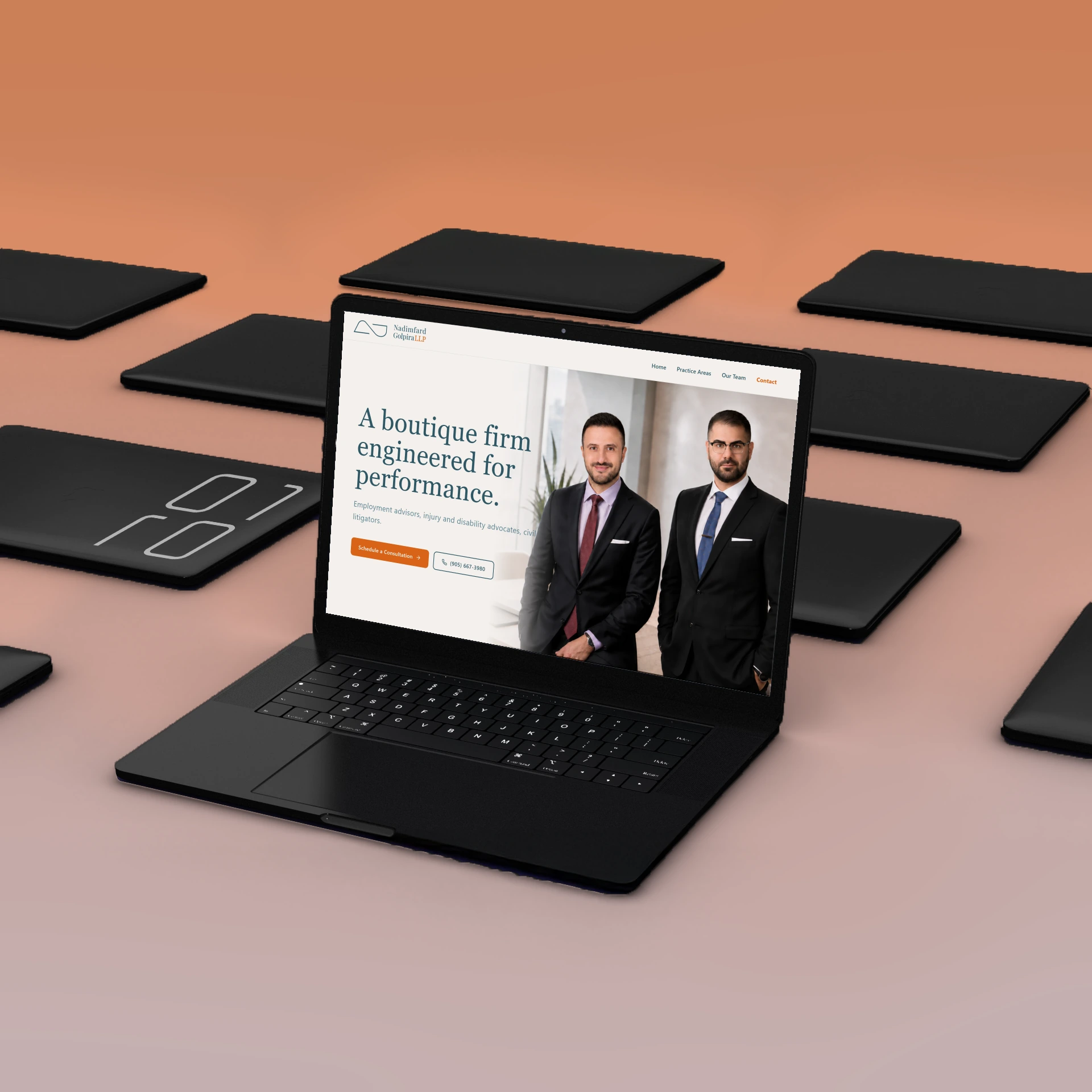Nadimfard Golpira LLP law firm website with minimal serif design, shown on a laptop mockup