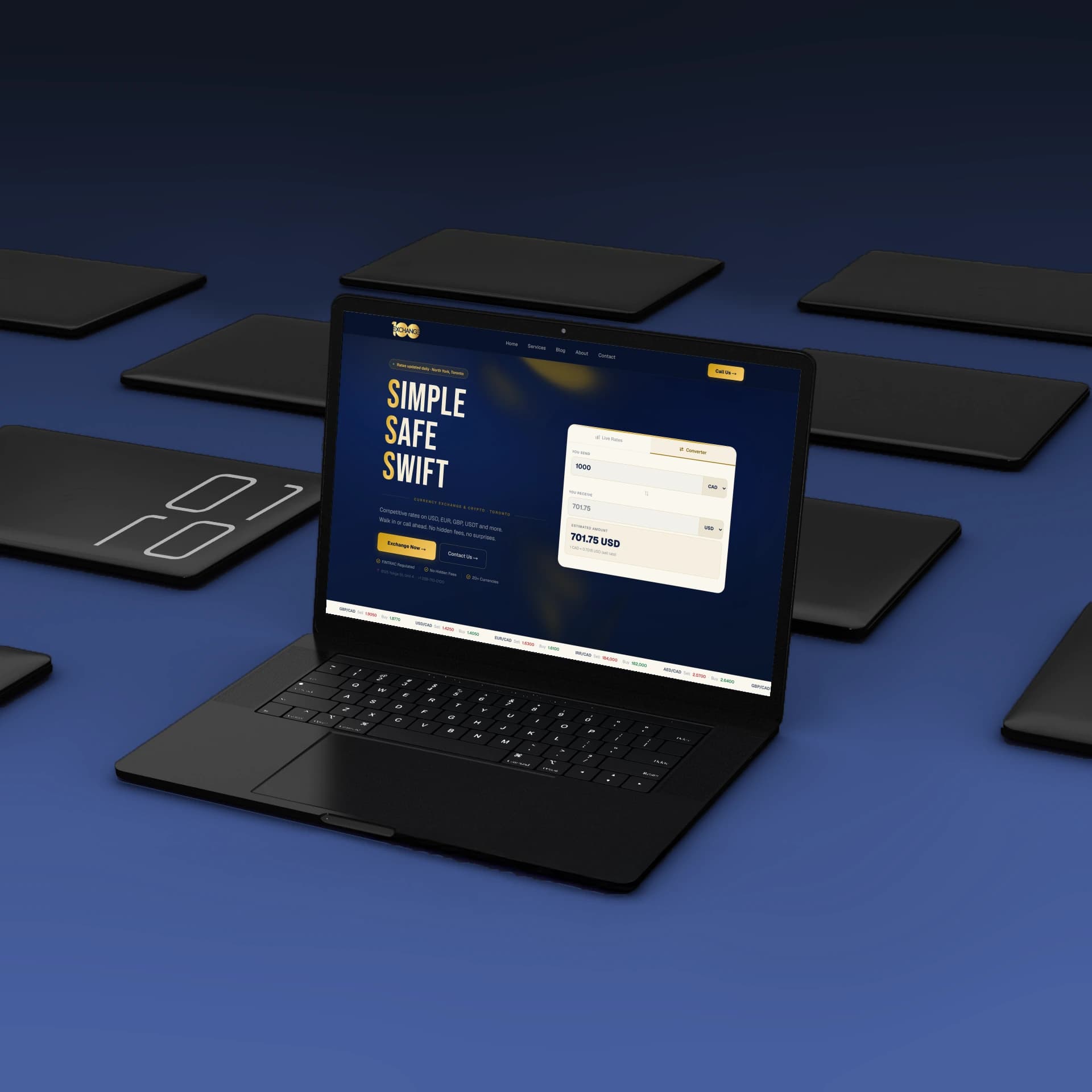 100 Exchange currency exchange website with live rates and converter widget, shown on a laptop mockup