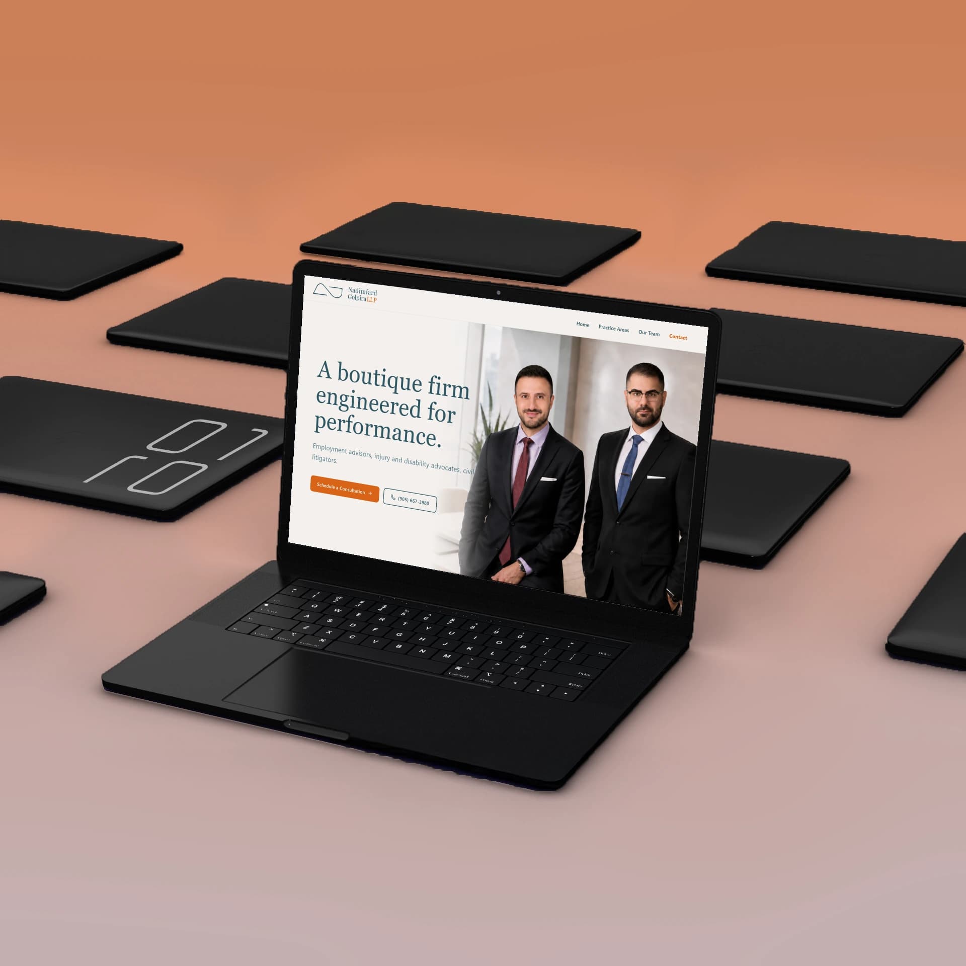 Nadimfard Golpira LLP law firm website with minimal serif design, shown on a laptop mockup
